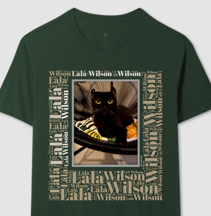 Camiseta Foto Quadro - Gato Preto - Nuvem de Palavras - Personalizada
