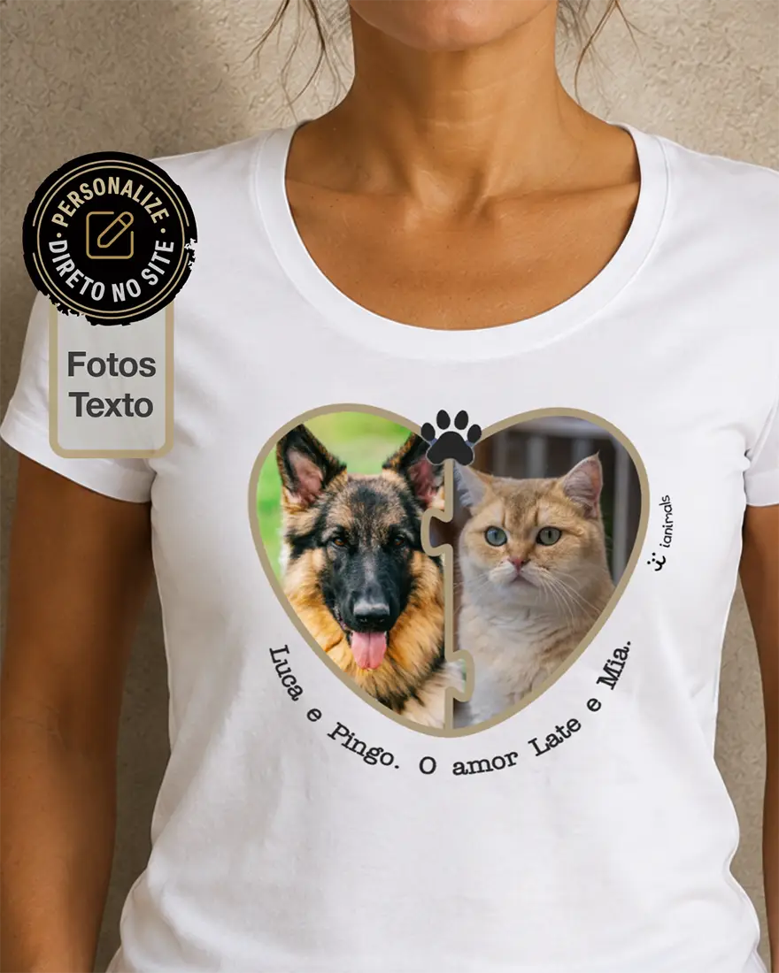 Camiseta Coração Puzzle Foto Pet - Personalizada
