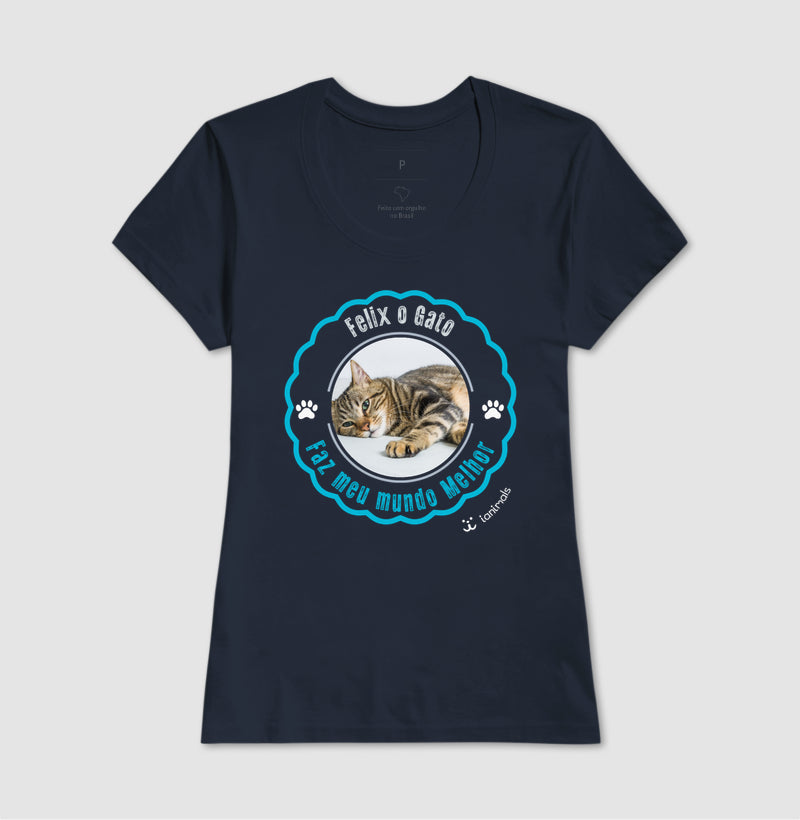camiseta azul feminina - carimbo com foto de pet - gato - iAnimals - Personalizada