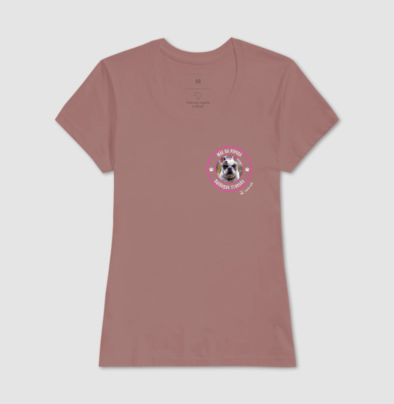 camiseta rosa feminina - carimbo com foto de pet - buldogue frances - iAnimals - Personalizada