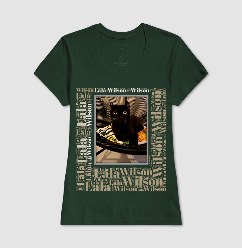 Camiseta Foto Quadro - Gato Preto - Nuvem de Palavras - Personalizada